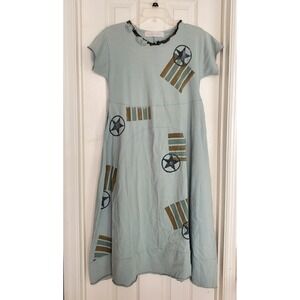 90s Blue Fish Dress Light Blue Star Organic Cotton Boho Lagenlook Sz M XL
